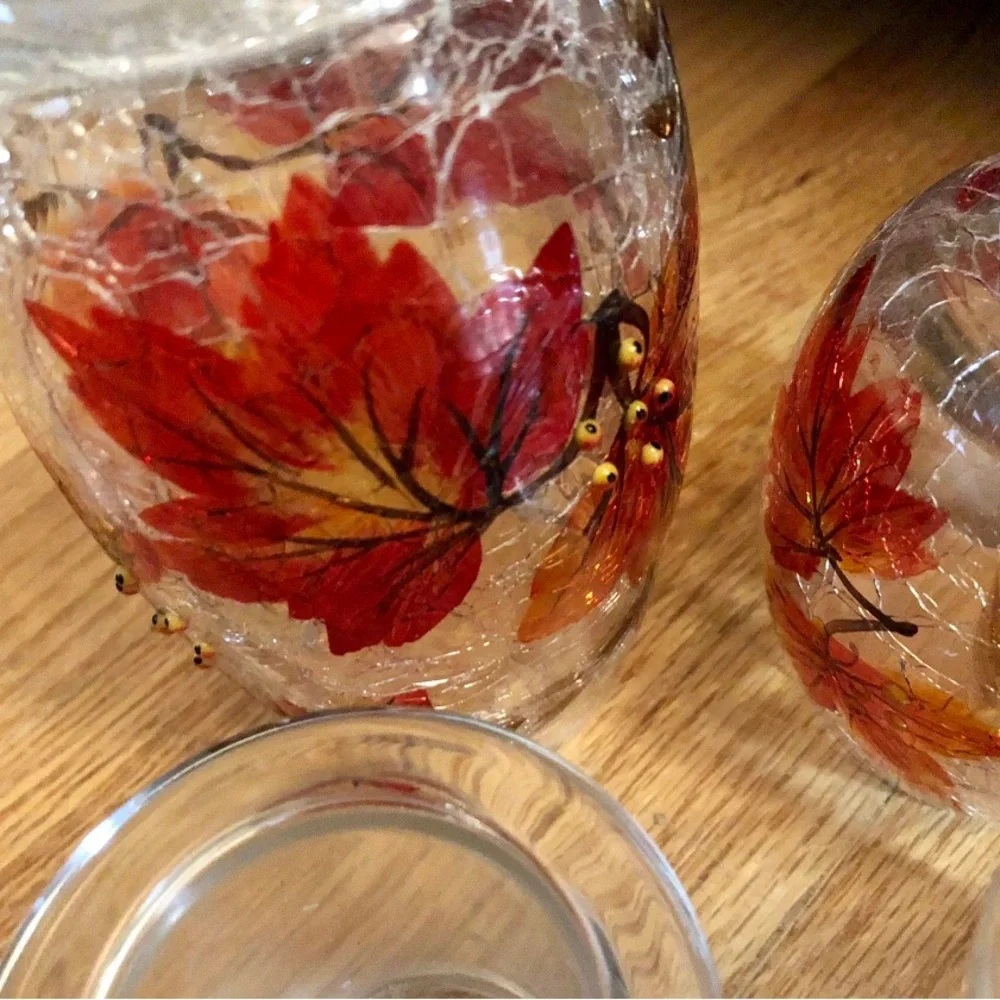 Yankee Candle AUTUMN LEAVES Crackle Glass Tea-light Candle Holder Set